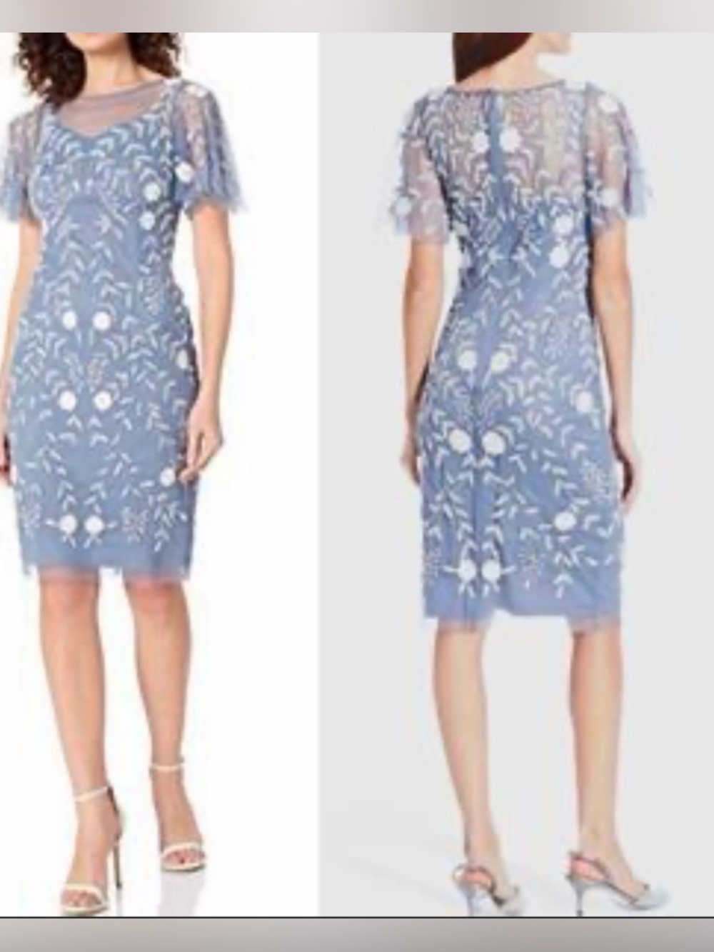 Adrianna Papell Periwinkle Blue Mesh Dress With White Floral Beading